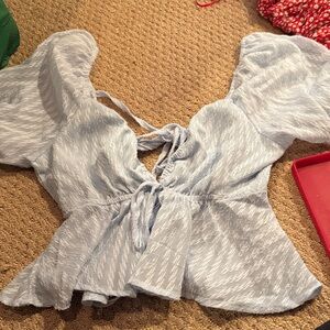 SHEIN Light Blue Textured Puff Sleeve Blouse